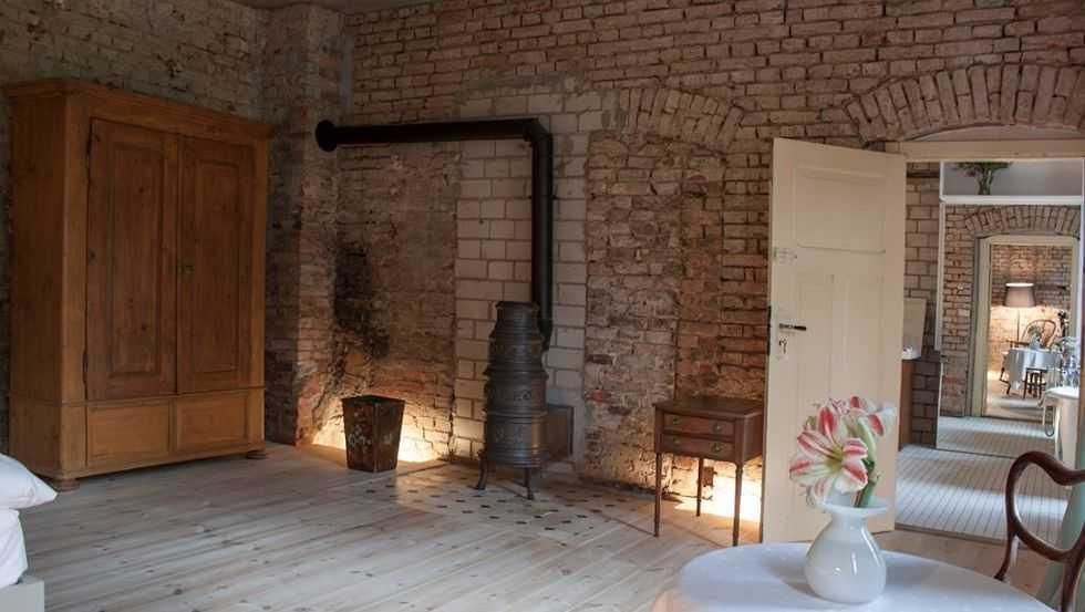 View into the room with stove