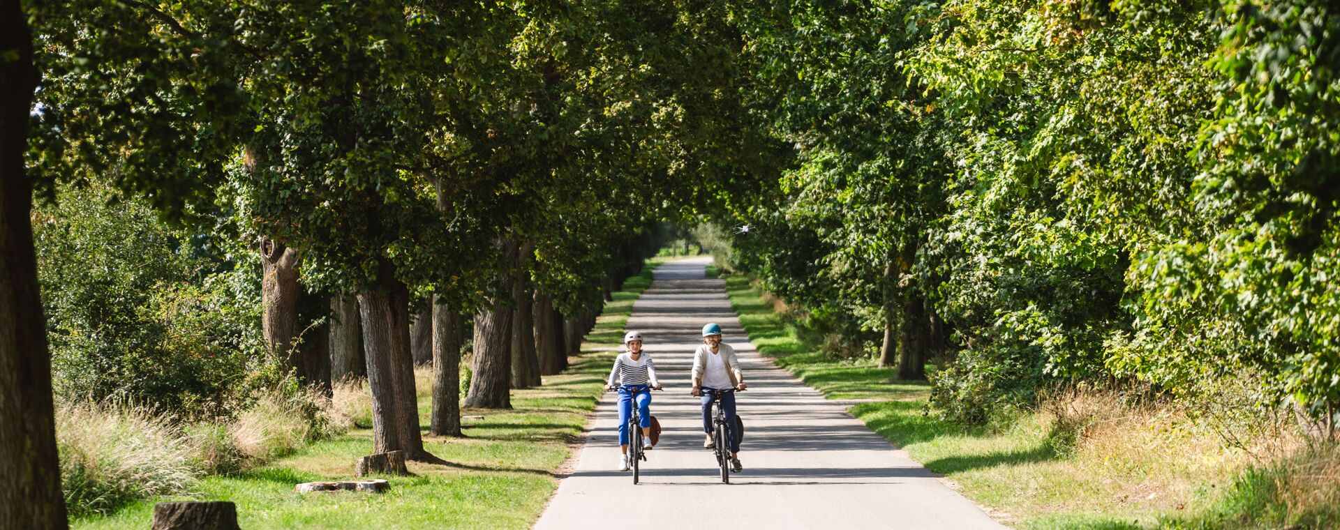 Two cyclists on an avenue from the front.