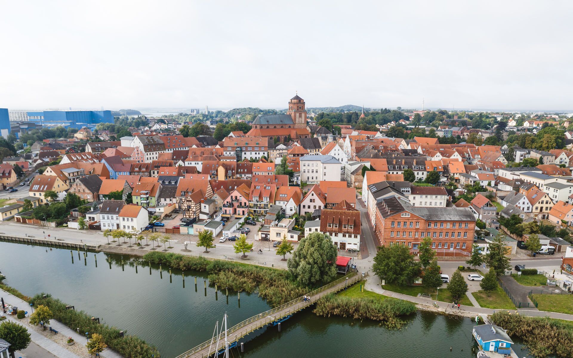 Aerial absorption over Volgast with St. Petri Church, the aft water in the front.