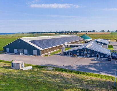 Drone image of a cowshed and adjacent building