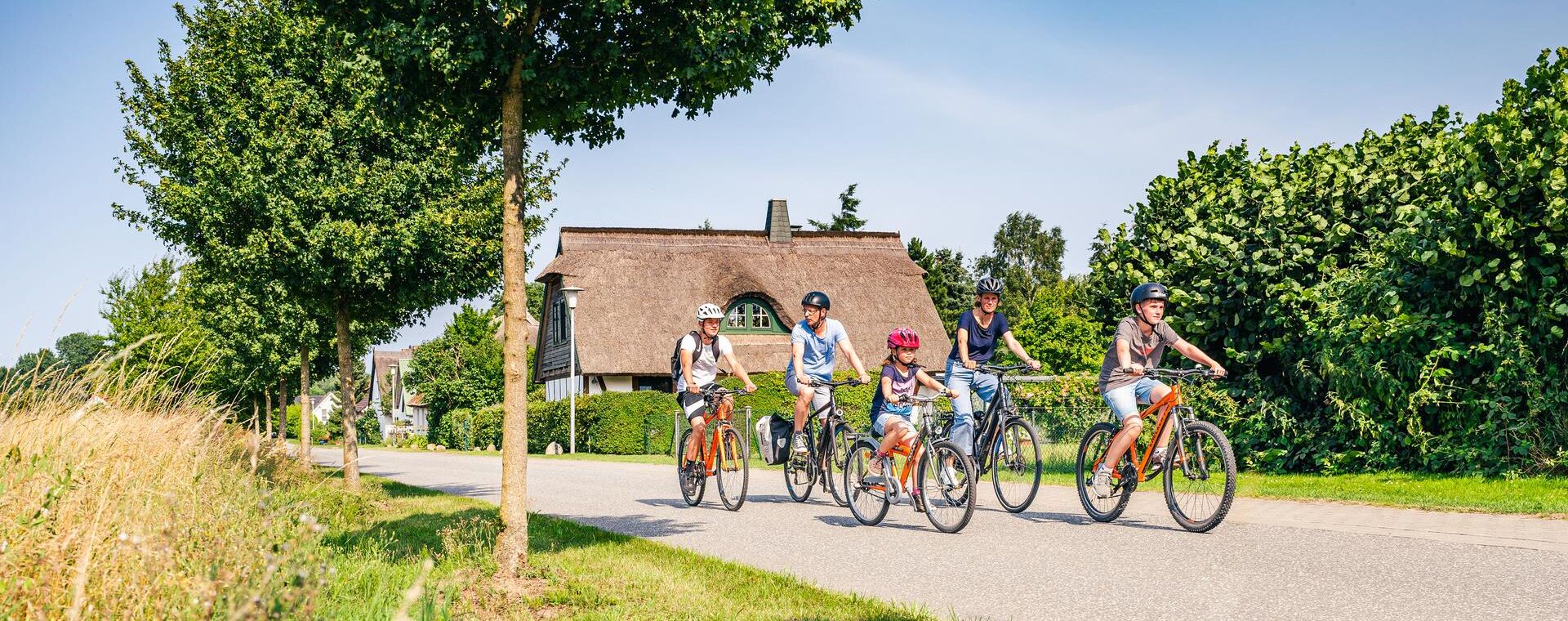 Eine Radtour in Familie auf der Halbinsel Gnitz (Insel Usedom) Eine Familie aus 5 Personen fährt Fahrrad. im Vordergrund ist ein begrünter Seitenstreifen und im Hintergrund ein Reetdachhaus