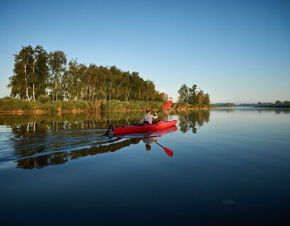 A red kayak on the river from the right. Birch and reeds in the background.